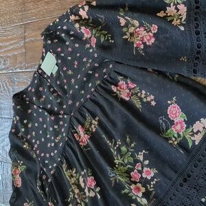 ANTHRO I Flowy Boho V-Neck Black w/ Pink Flowers Steffy Blouse Top by Maeve, XS